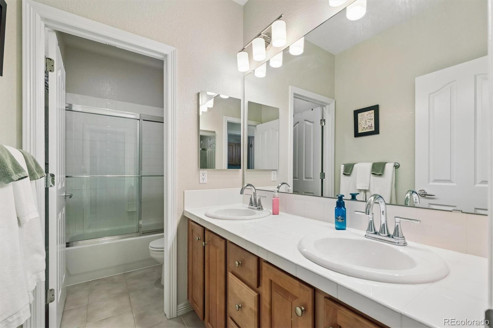 2677 Pemberly Avenue Highlands Ranch, CO 80126 - Photo 32 of 50 a bathroom with a double vanity sink mirror and shower