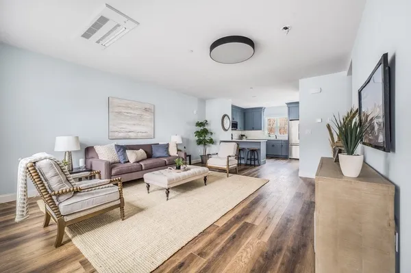 a living room with furniture kitchen view and a potted plant