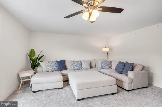 a living room with furniture and a potted plant