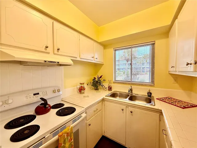a kitchen with a sink a stove and cabinets