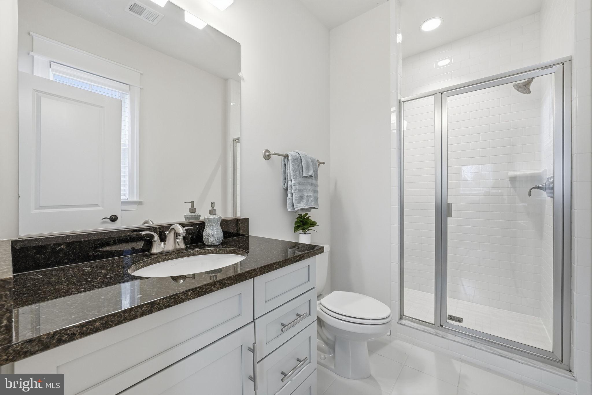 2867 Hill Road Vienna, VA 22181 - Photo 55 of 70 a bathroom with a granite countertop sink toilet a large mirror and shower