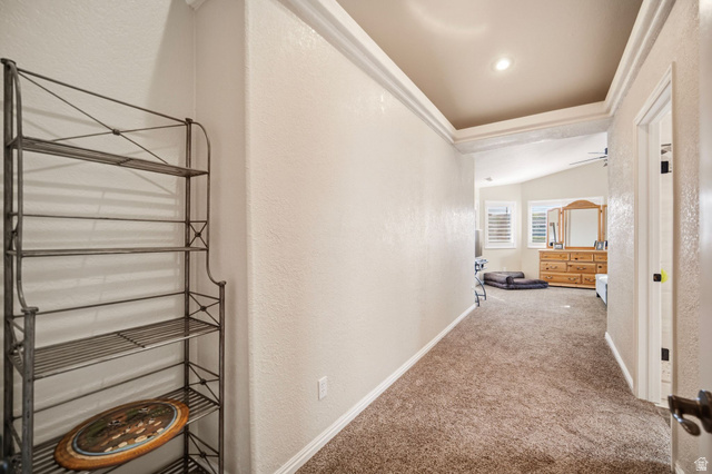 1985 West Rivers Edge Lane St. George, UT 84770 - Photo 21 of 42 Corridor featuring a textured wall, light carpet, and lofted ceiling
