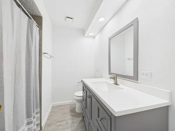 a bathroom with a sink a toilet and a mirror