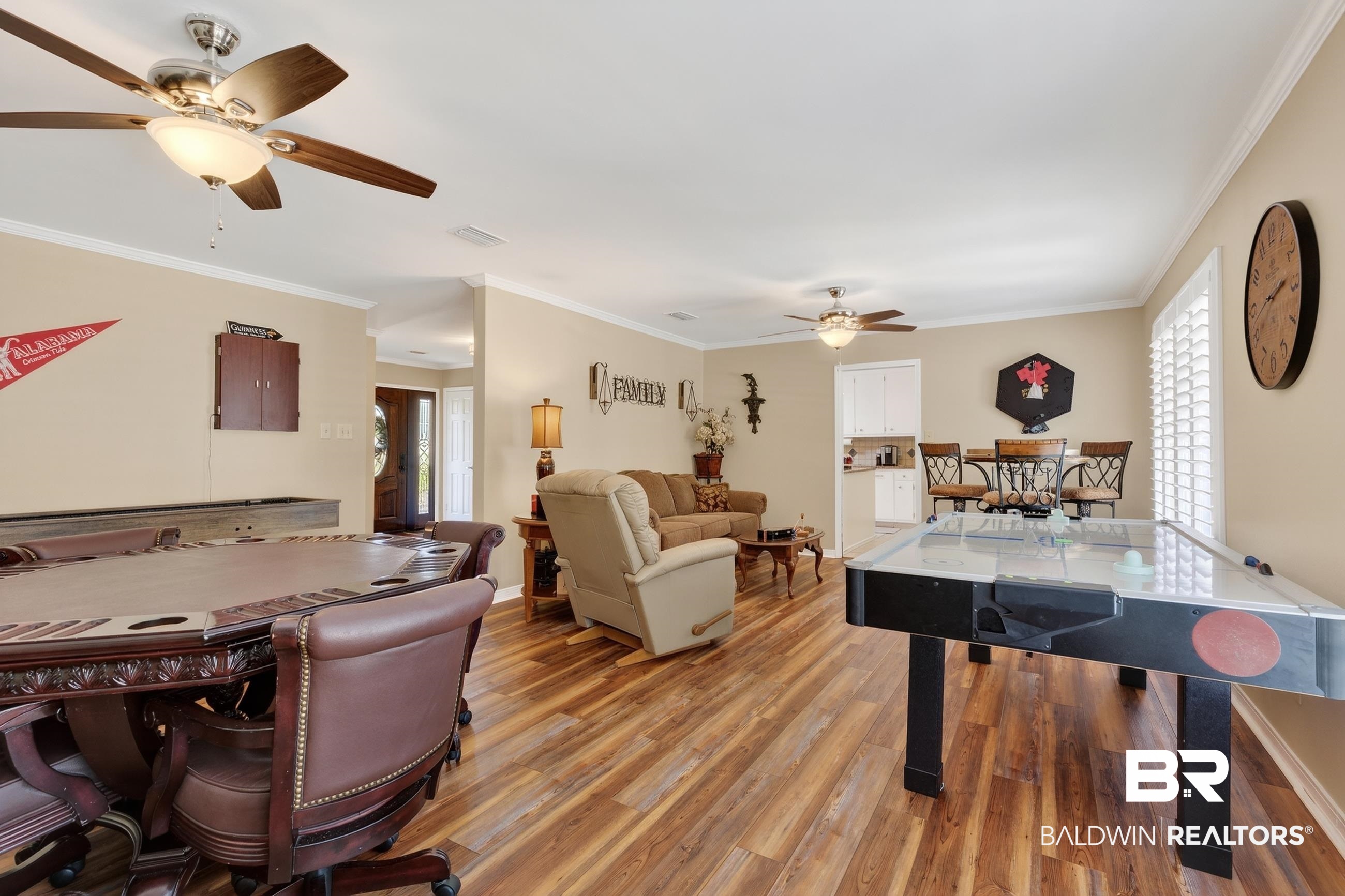 1271 Spring Valley Drive South Mobile, AL 36693 - Photo 11 of 56 Playroom featuring ceiling fan, light wood-type flooring, and ornamental molding