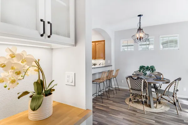 a dining room with furniture potted plants and wooden floor