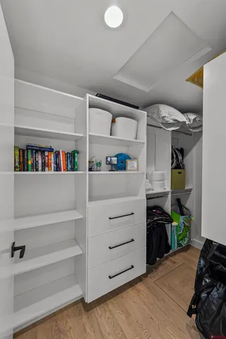 a view of walk in closet with clothes and shoes