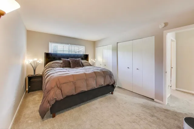 a bedroom with a bed and a closet