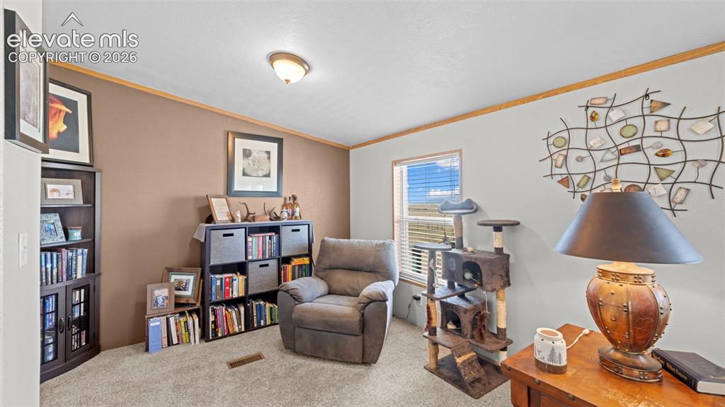 33975 Highway 94 Yoder, CO 80864 - Photo 7 of 40 Carpeted interior space featuring a window with blinds, a light fixture, light-colored walls, and a recessed air vent