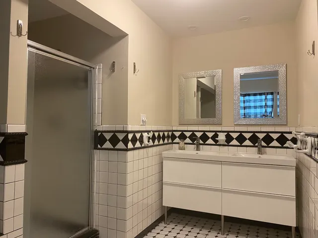 a bathroom with a sink a mirror and a shower