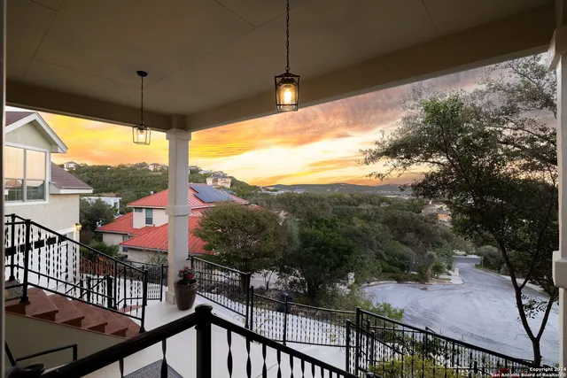 a view of a balcony with couches