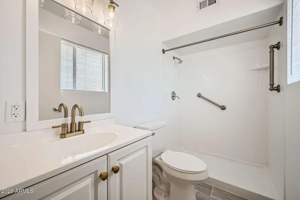 a bathroom with a sink a toilet and shower