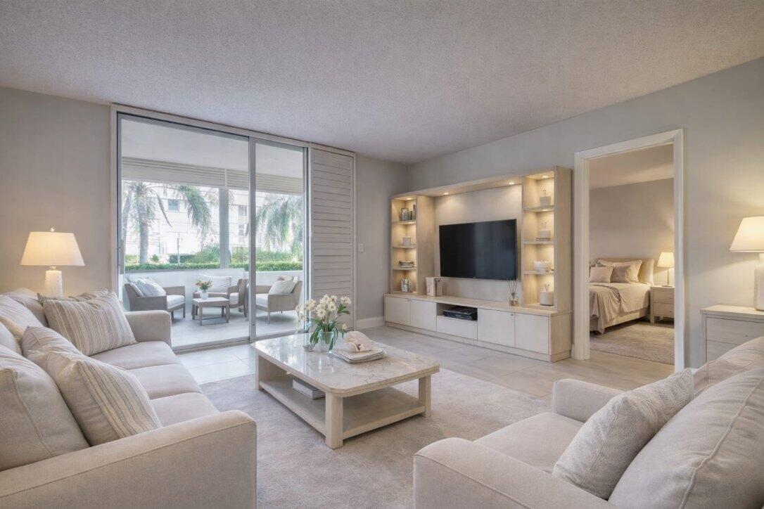 4500 North Federal Highway, Unit 121C Lighthouse Point, FL 33064 - Photo 4 of 14 a living room with furniture and a flat screen tv