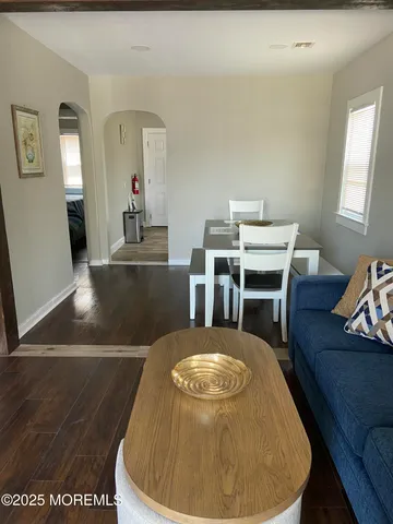 a view of a dining room with furniture