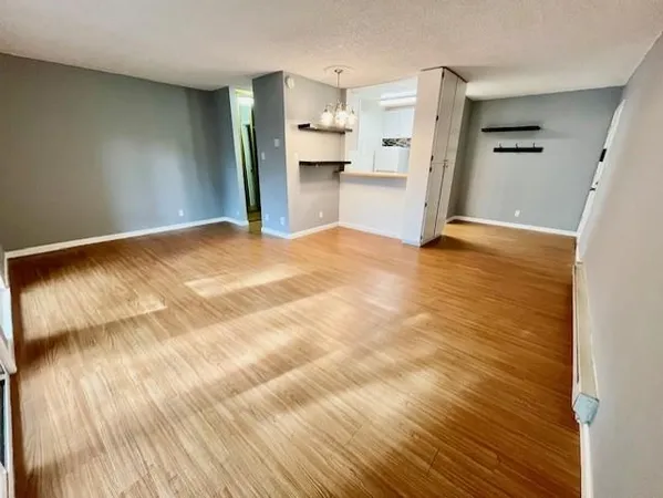 a view of a kitchen with wooden floor and a cabinet