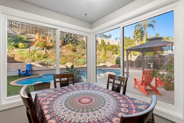 a view of a dining room with furniture large window and outside view