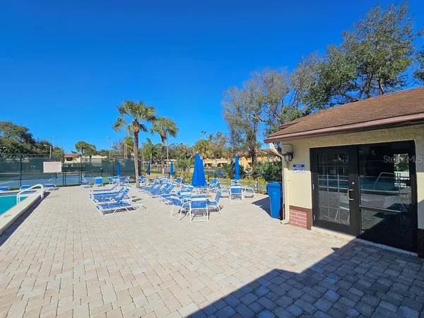 a view of a patio with dining table and chairs with plants and palm trees