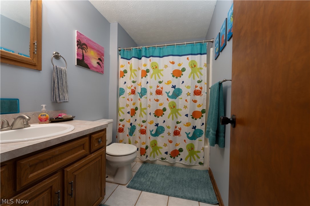 3856 Jones Road Diamond, OH 44412 - Photo 28 of 38 Bathroom with vanity, a textured ceiling, ceramic tile flooring, and toilet