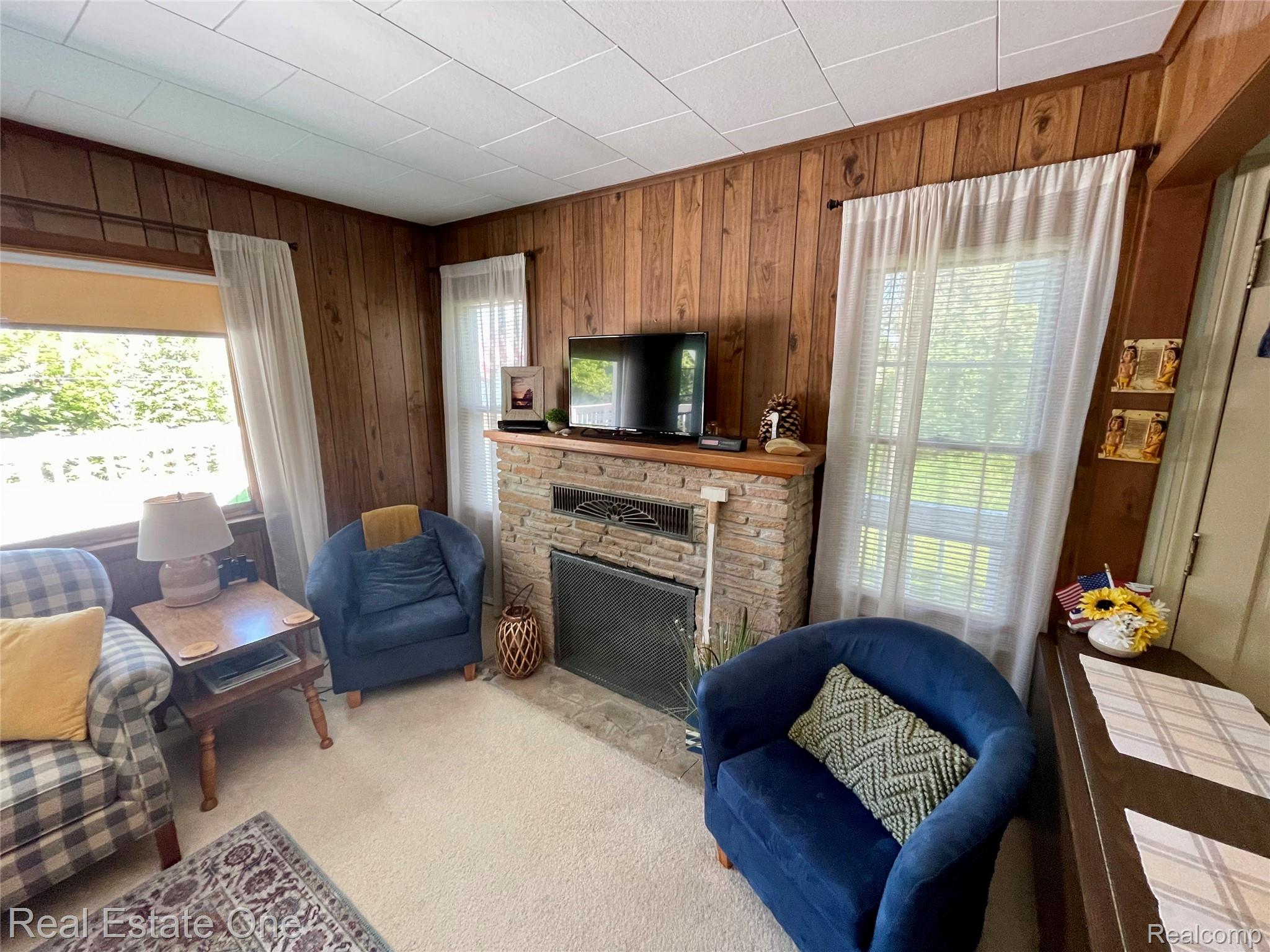 4160 Hawk Road Lincoln, MI 48742 - Photo 18 of 48 Living area featuring wood paneling, a stone-faced fireplace with a black insert, and light-colored carpeting