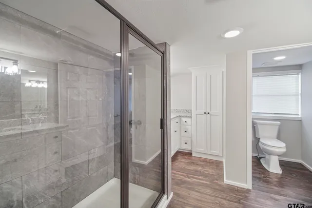 a bathroom with a shower and a toilet