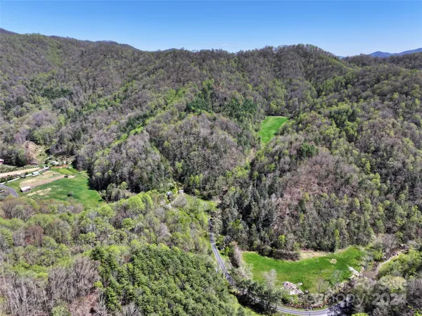a view of a lush green field with mountains in the background