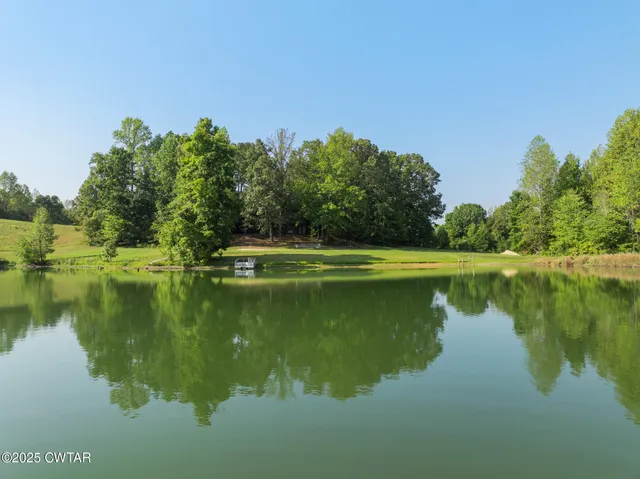 a view of a lake with a yard and large trees