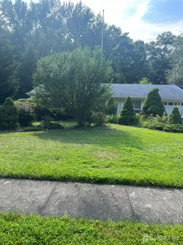 a view of a garden with a building