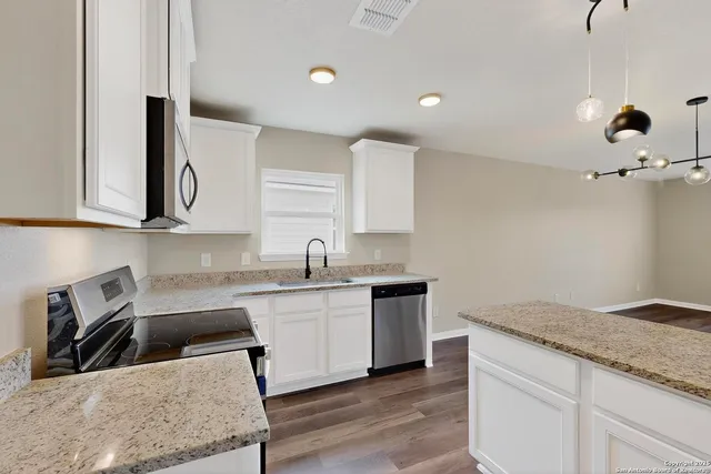 a kitchen with a sink cabinets and wooden floor