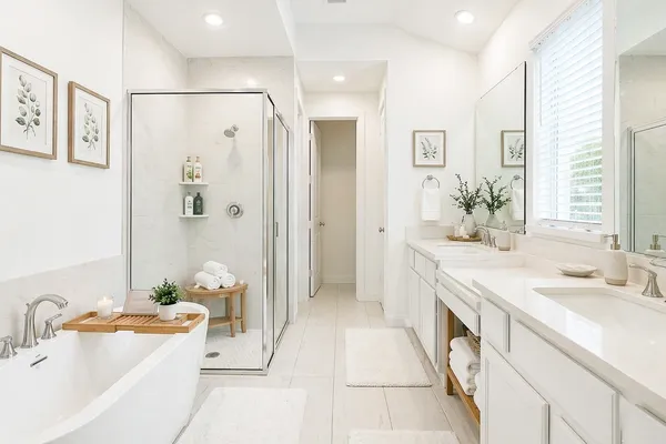 a spacious bathroom with a double vanity sink a large mirror a shower and a bathtub