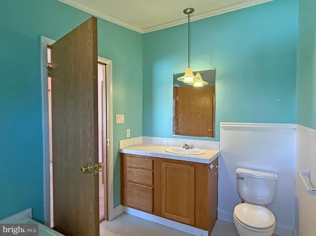 a bathroom with a toilet sink vanity and mirror
