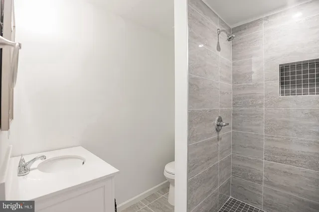 a bathroom with a shower a sink and vanity