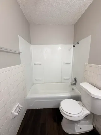 a bathroom with a toilet and a bath tub