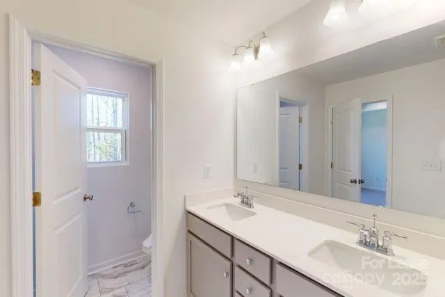 a bathroom with a sink double vanity and a mirror
