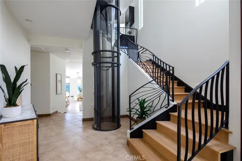 a view of staircase with wooden floor and a potted plant