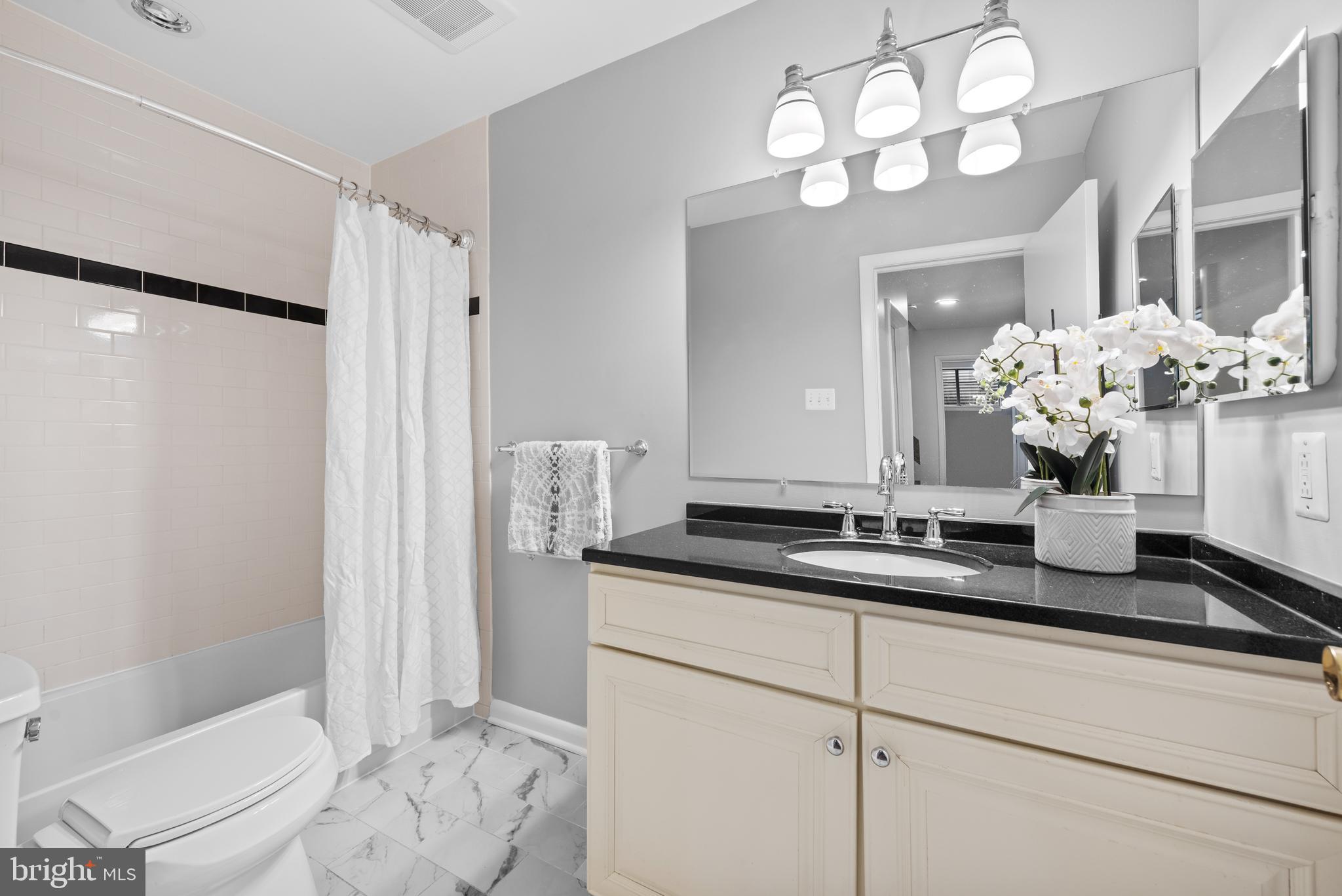 11711 Newbridge Court Reston, VA 20191 - Photo 30 of 37 a bathroom with a granite countertop sink a toilet and a mirror