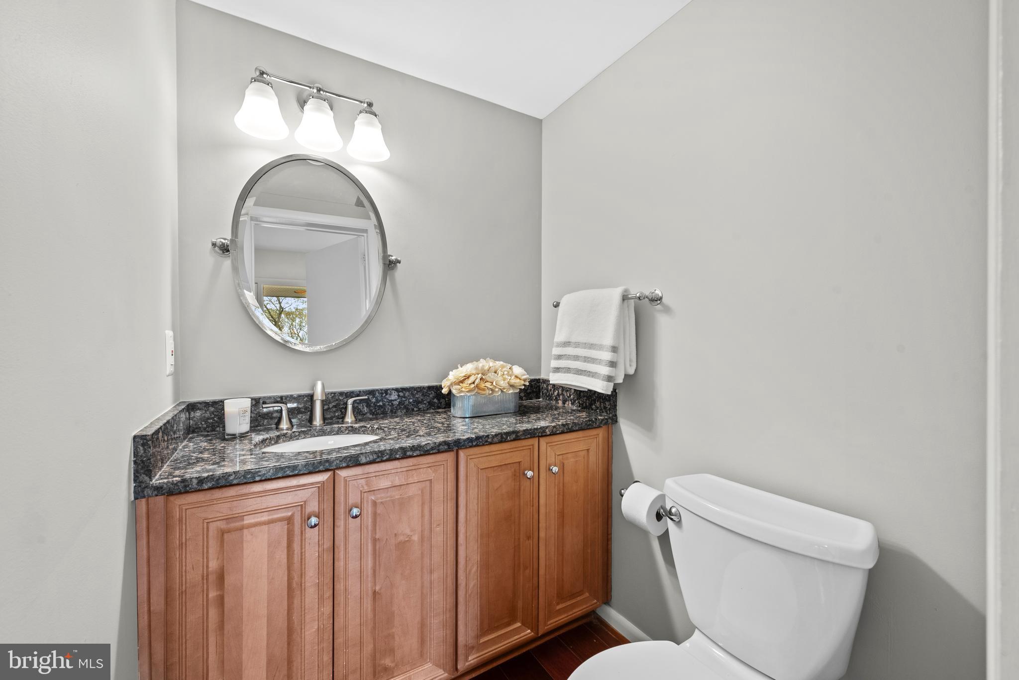 11711 Newbridge Court Reston, VA 20191 - Photo 6 of 37 a bathroom with a granite countertop toilet a sink and a mirror