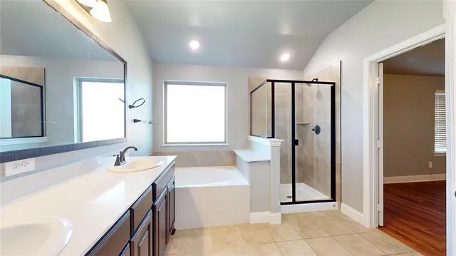a bathroom with a tub a sink and a mirror