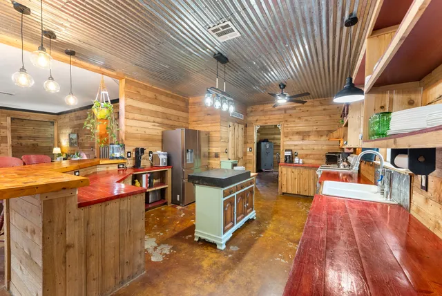 a kitchen with lots of counter top space