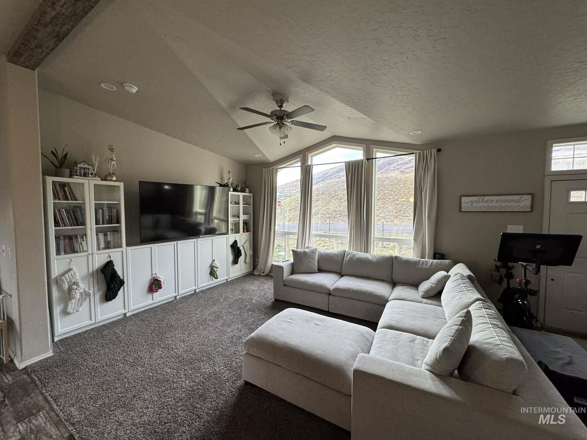 986 Parade Avenue Lapwai, ID 83540 - Photo 2 of 12 Living area featuring lofted ceiling, healthy amount of natural light, carpet flooring, a textured ceiling, and ceiling fan