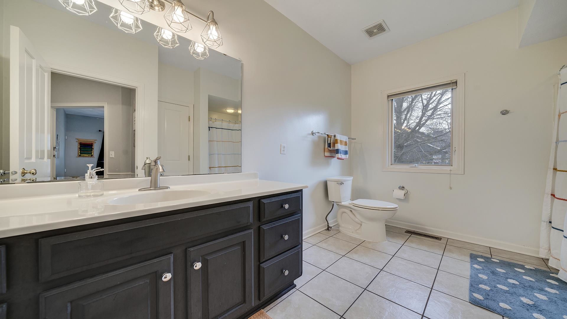 7676 Forest Way Roscoe, IL 61073 - Photo 32 of 56 a bathroom with a granite countertop toilet a sink and a mirror