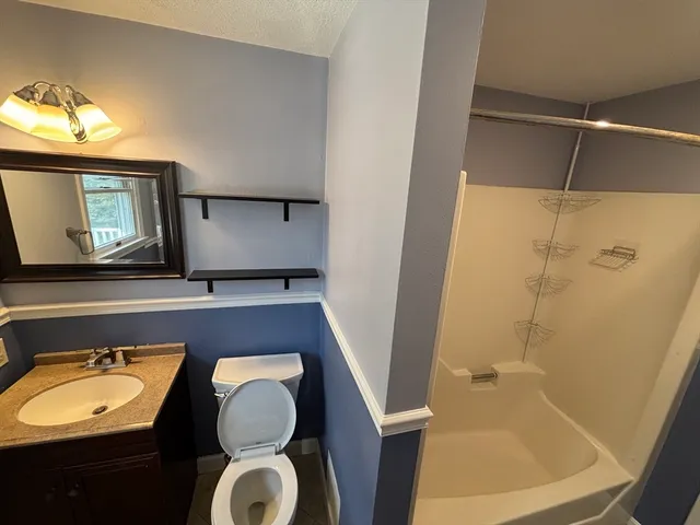 a bathroom with a granite countertop sink toilet and shower