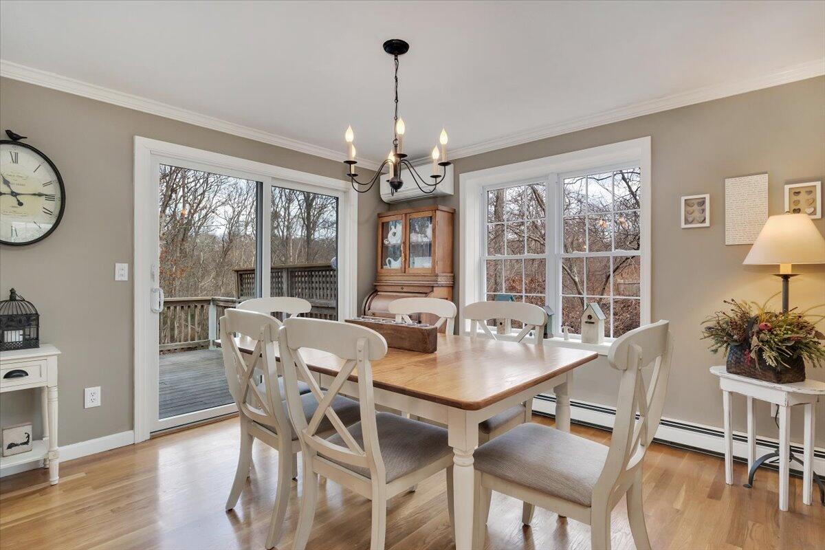 25 Christopher Hollow Road Sandwich, MA 02563 - Photo 10 of 47 a dining room with wooden floor a chandelier a glass table and chairs