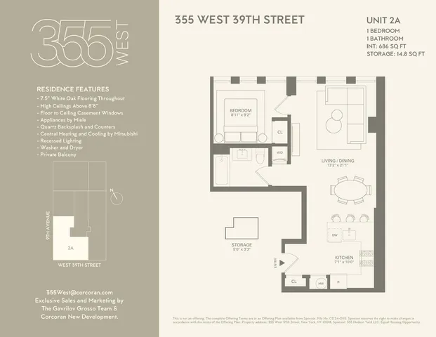 $895,000 | 355 West 39th Street, Unit 2A | Hudson Yards
