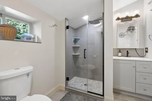 a bathroom with a shower a mirror a toilet and a sink