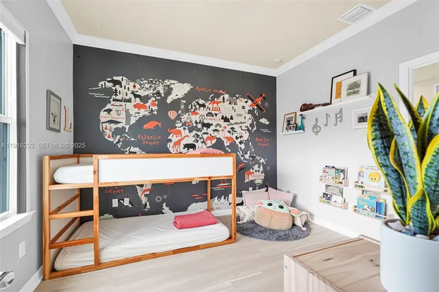 a bedroom with furniture and a bed