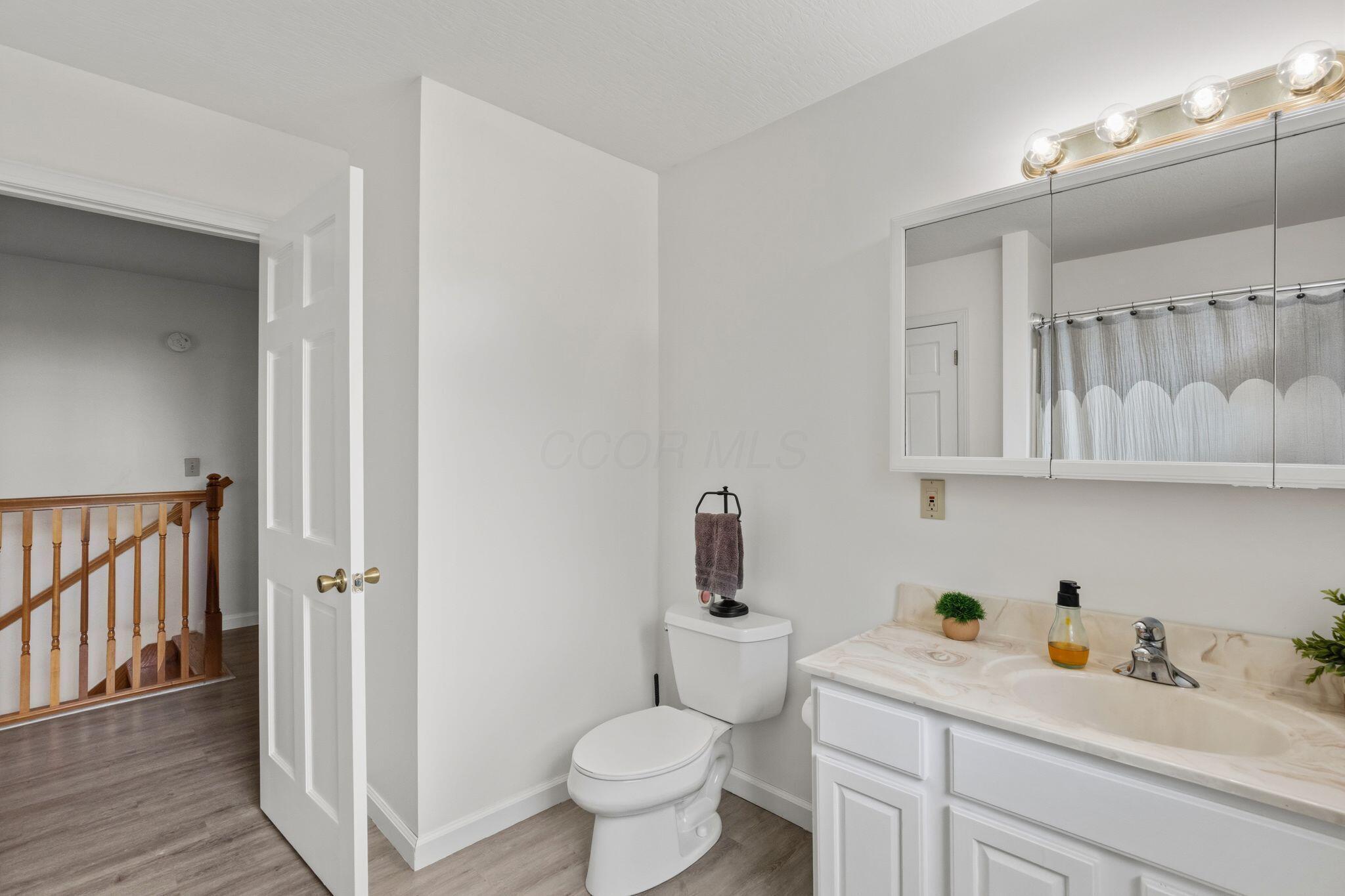 10446 Rich Hollow Road Southwest Lancaster, OH 43130 - Photo 64 of 83 Bathroom featuring a single vanity with a solid surface countertop, medicine cabinet with mirrored doors, and a three-bulb light fixture