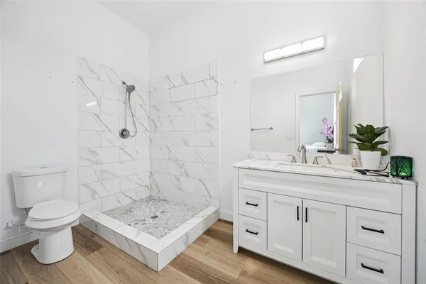 a bathroom with a granite countertop sink a toilet and a mirror