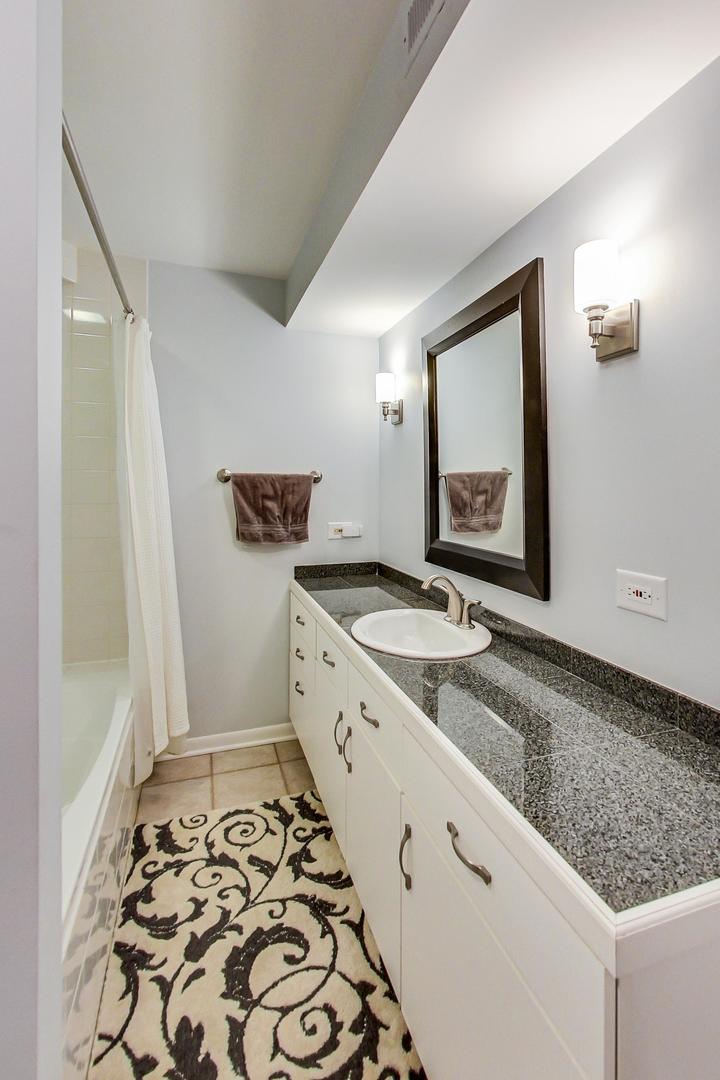 2630 North Racine Avenue Chicago, IL 60614 - Photo 33 of 47 a bathroom with a granite countertop sink and a mirror