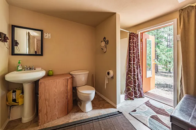 a bathroom with a sink toilet a mirror and shower