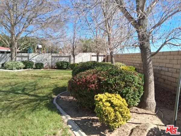 a view of a garden with large trees