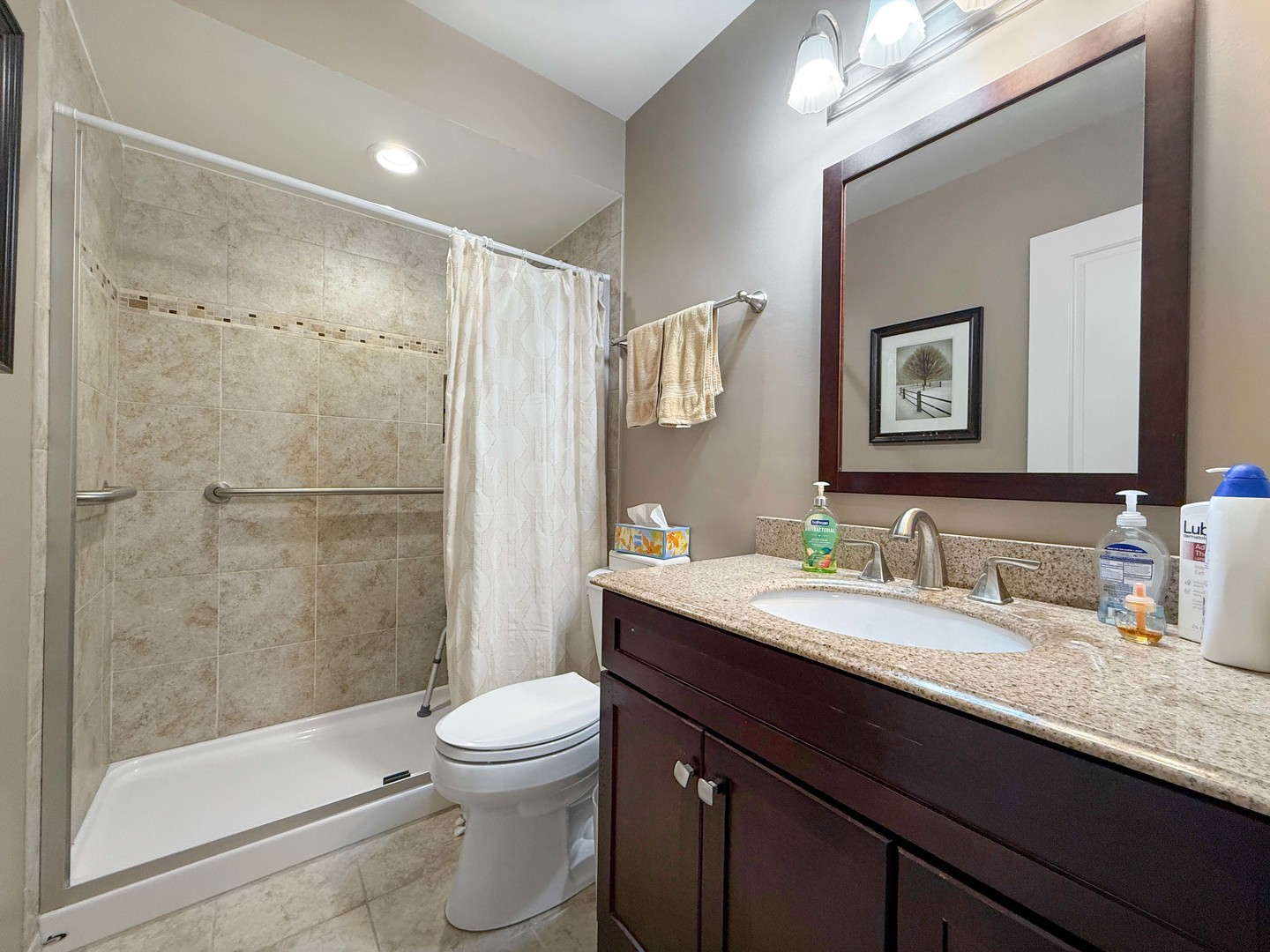 258 Brookside Lane, Unit B Willowbrook, IL 60527 - Photo 11 of 21 a bathroom with a granite countertop sink toilet and shower